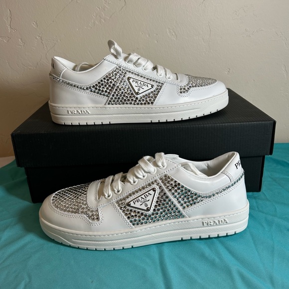 PRADA DOWNTOWN SNEAKERS SHOES 1E348N LEATHER W RHINESTONES US 7.5 EU 37,5 38 - Picture 1 of 7